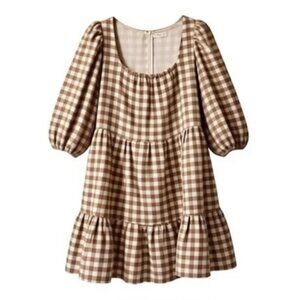 By the River Women’s Dress L Brown White Gingham Plaid Tiered Casual